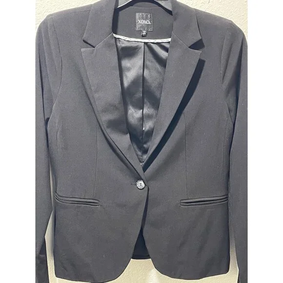 XOXO Women’s Black Blazer Size L Single Button Office Work Jacket - Picture 3 of 12